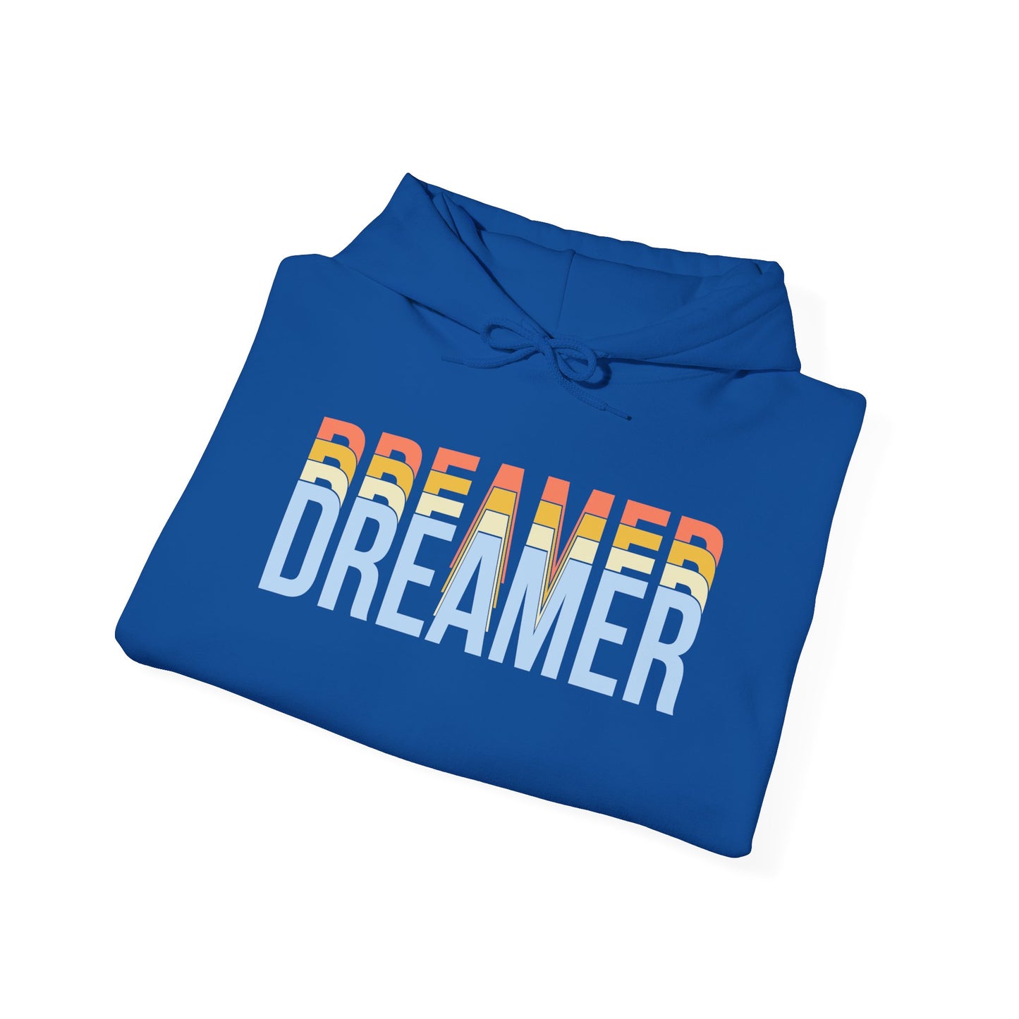 A folded blue unisex hooded sweatshirt with 'DREAMER' text in white and blue gradient on the front.
