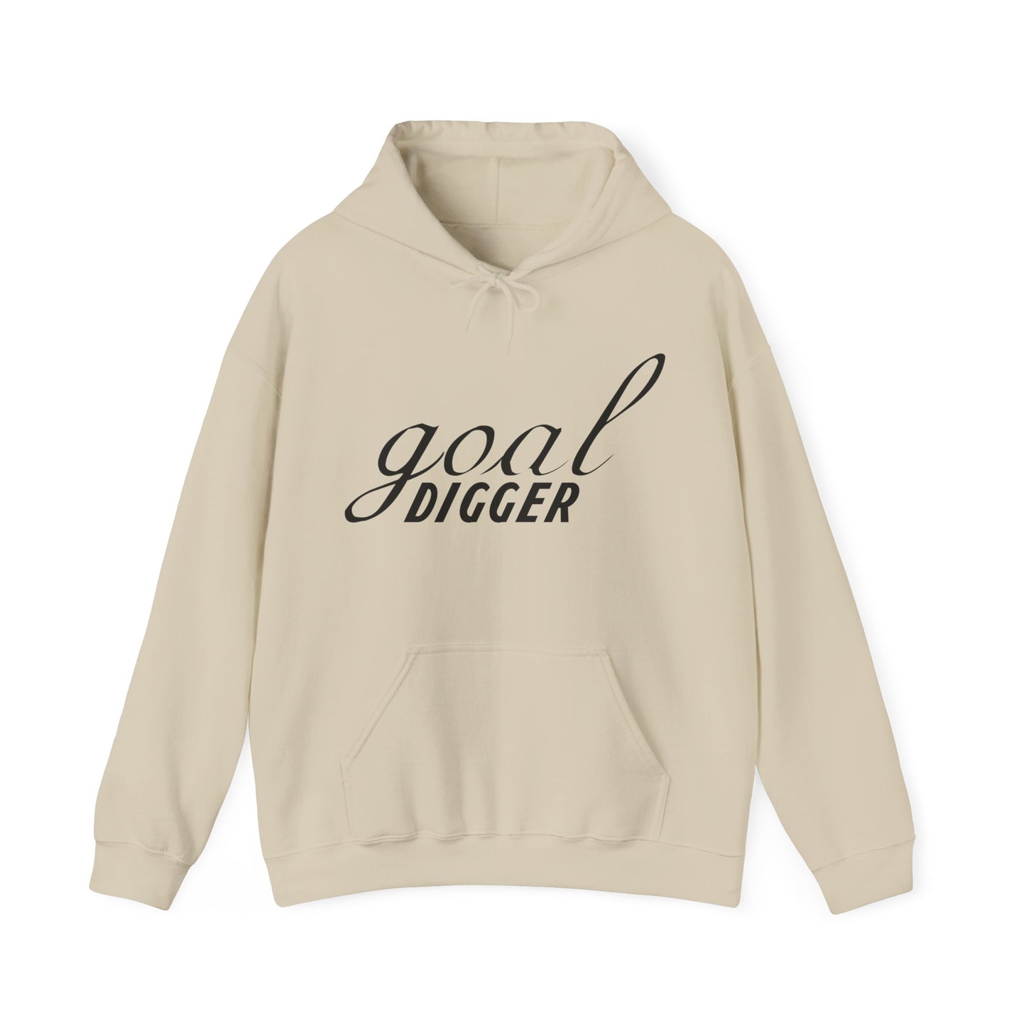 A beige unisex hooded sweatshirt with 'GOAL DIGGER' text design on the front.