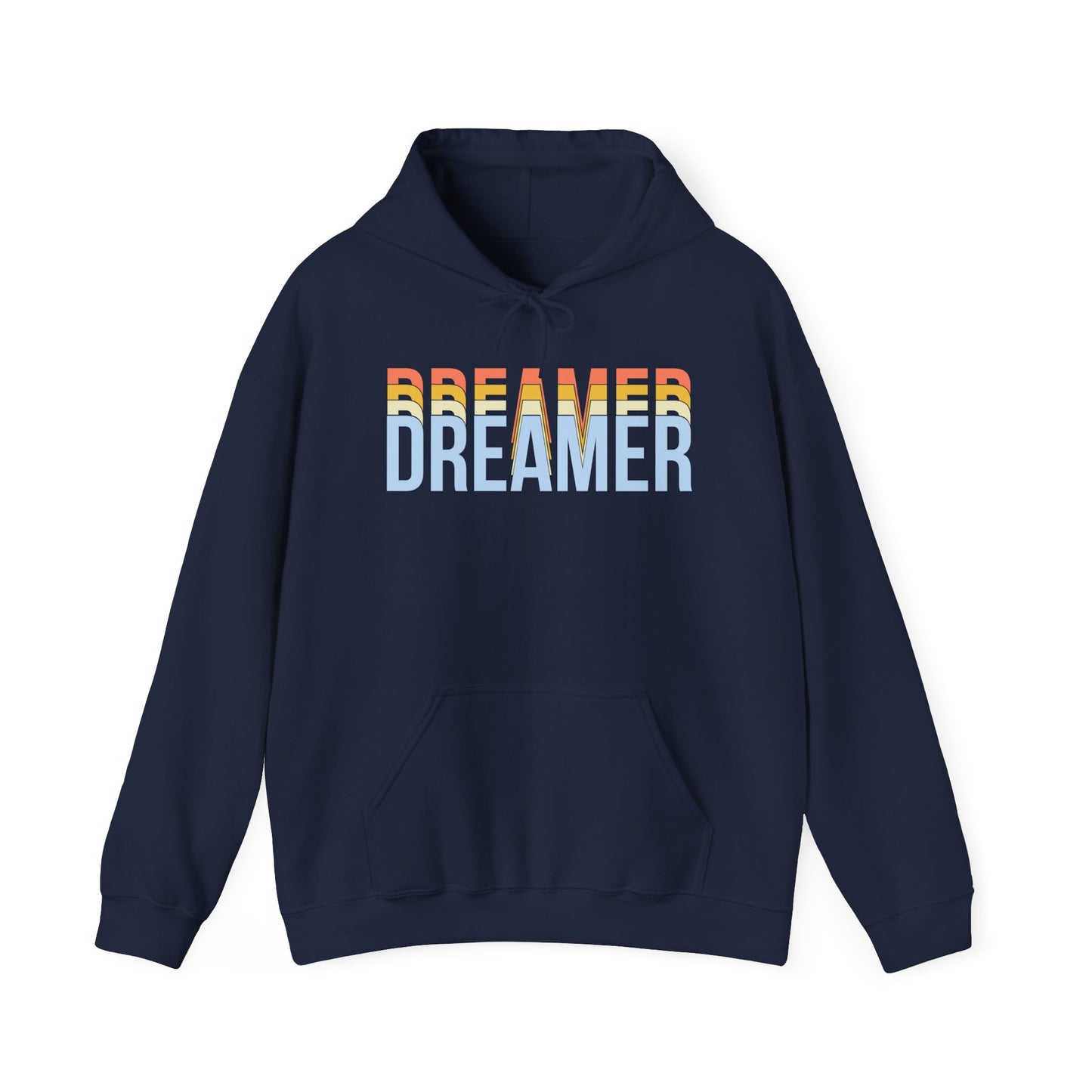 A navy unisex hooded sweatshirt with 'DREAMER' text in white and blue gradient on the front.