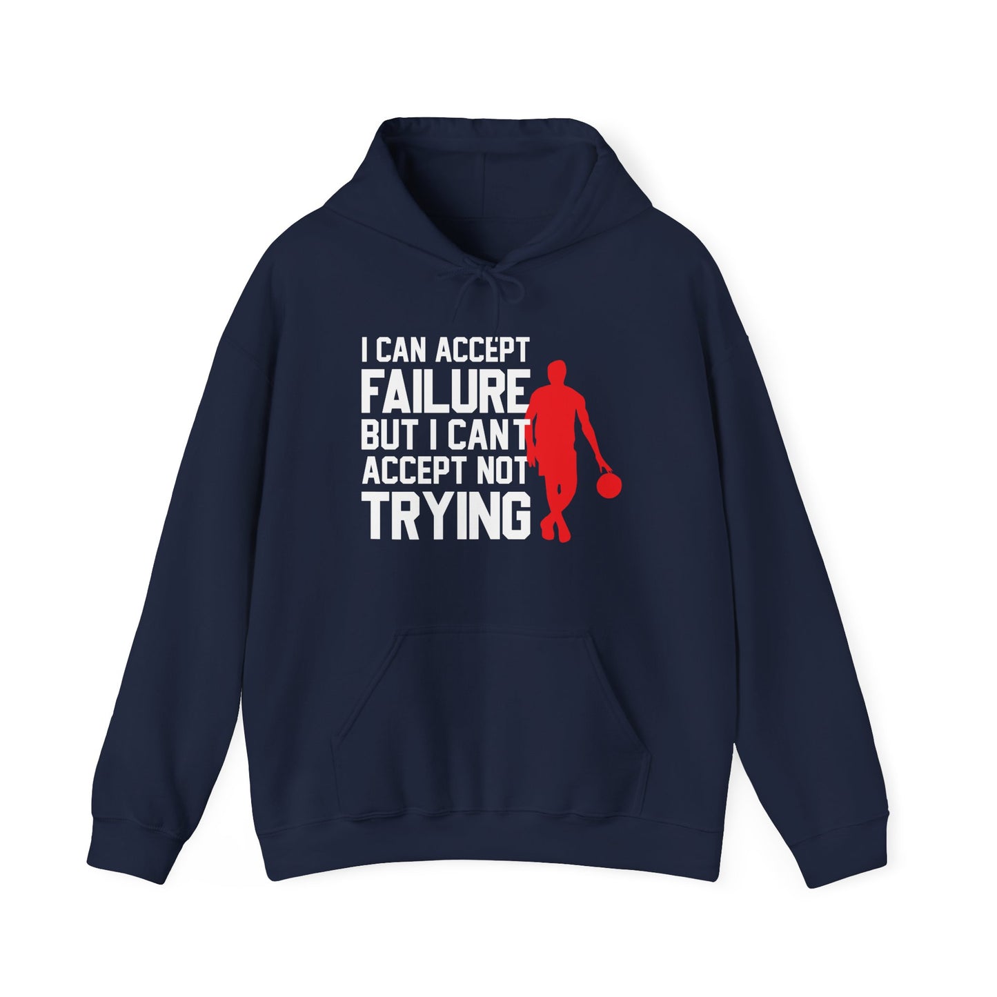 A navy blue unisex hooded sweatshirt with a text design on the front.