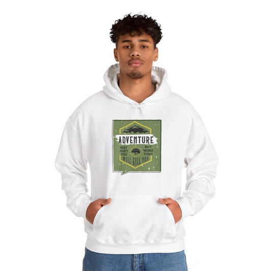 A person wearing a white unisex hooded sweatshirt with 'Adventure' text and a graphic design on the front.