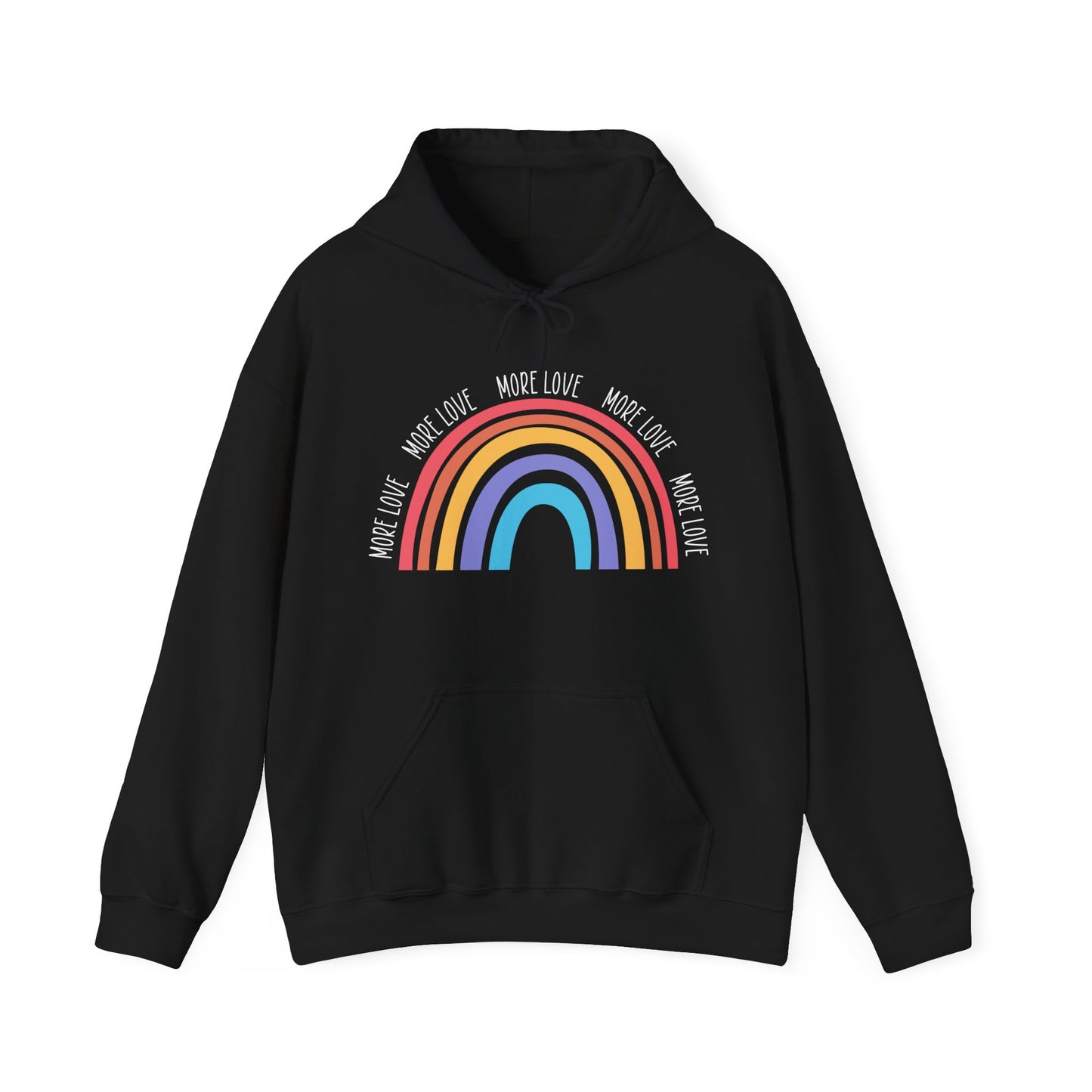 A unisex hooded sweatshirt with 'MORE LOVE' text and a multicolored rainbow design on the front.
