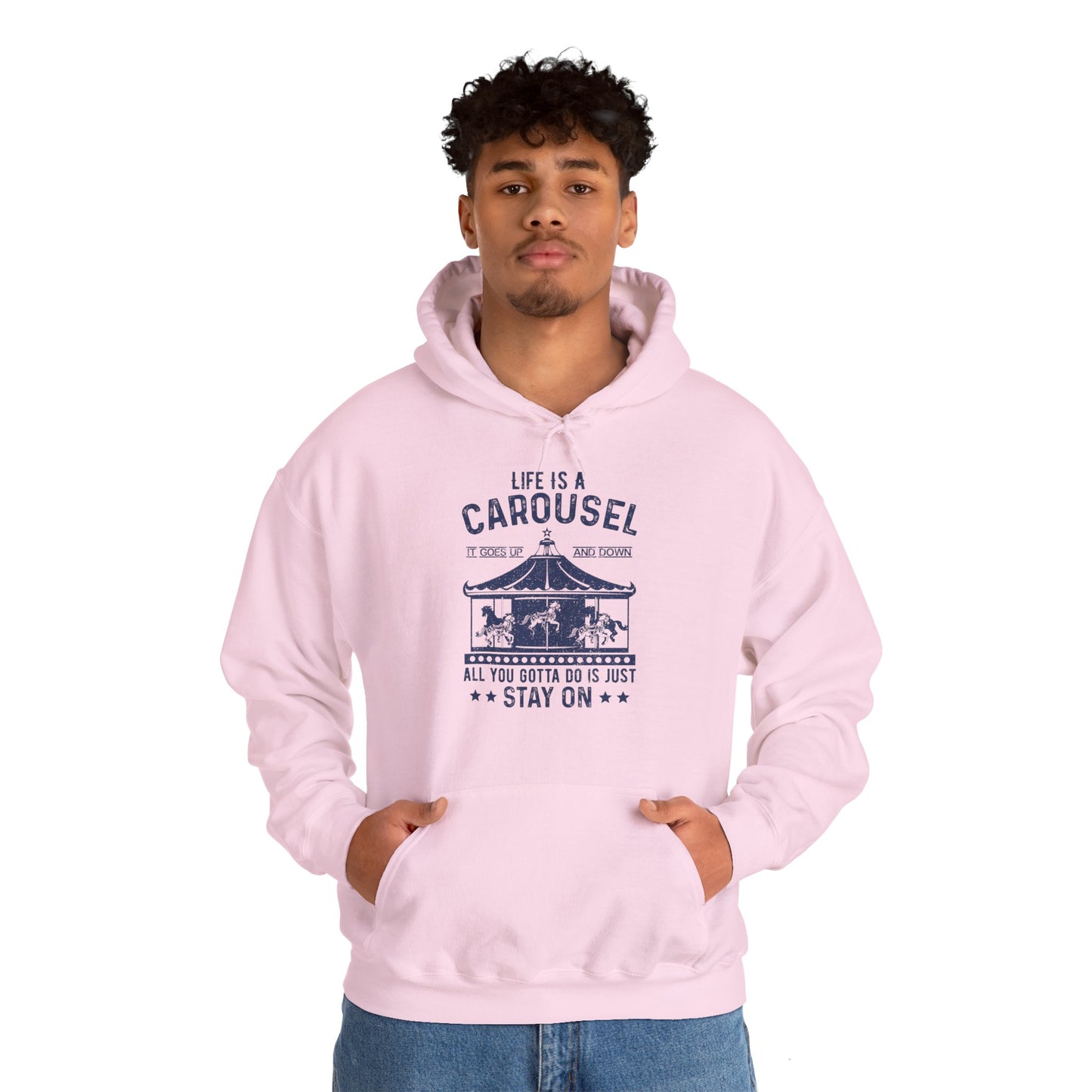 A unisex hooded sweatshirt with 'Life Is A Carousel' text and carnival-themed graphics.