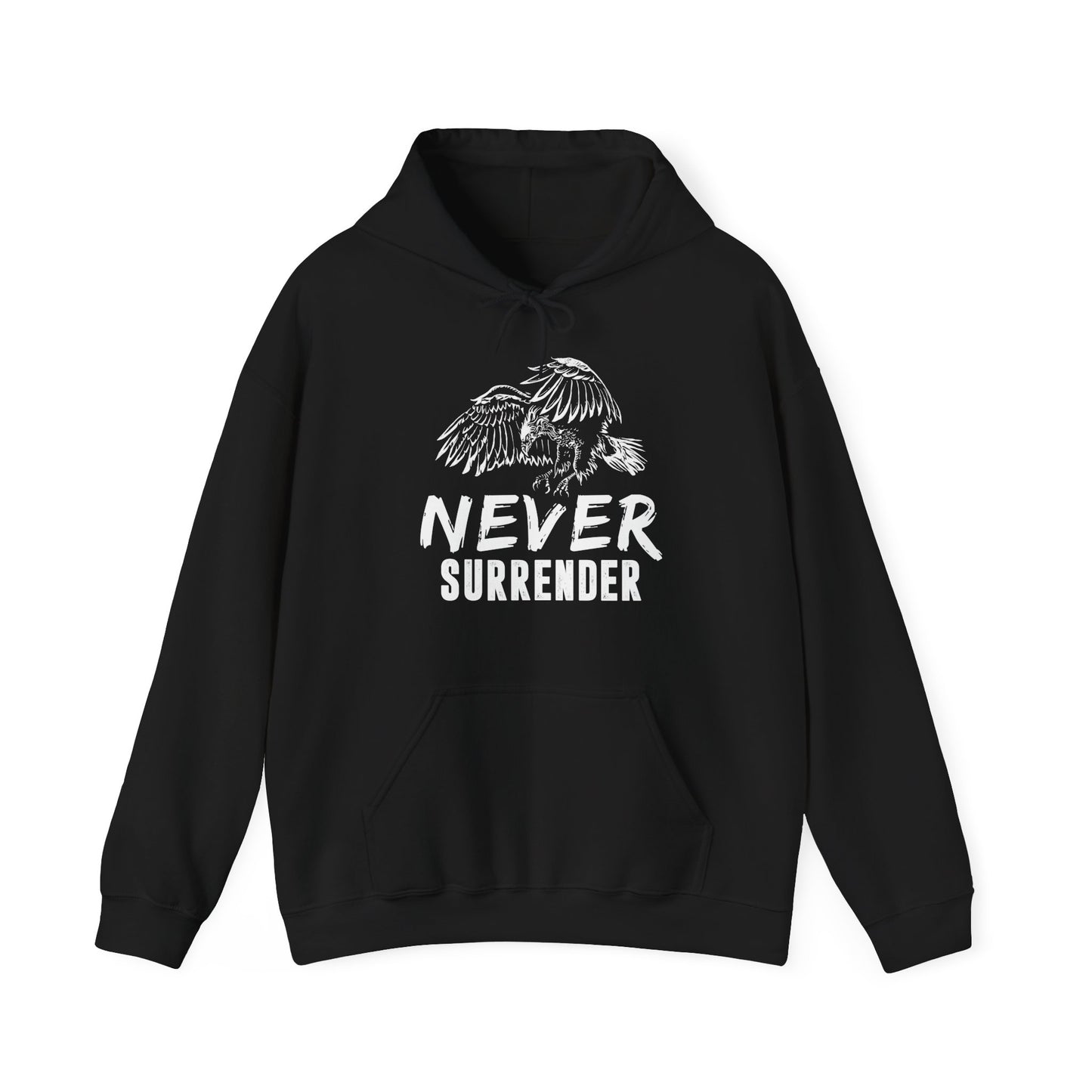 A unisex hooded sweatshirt with 'NEVER SURRENDER' text and a eagle graphic on the front.