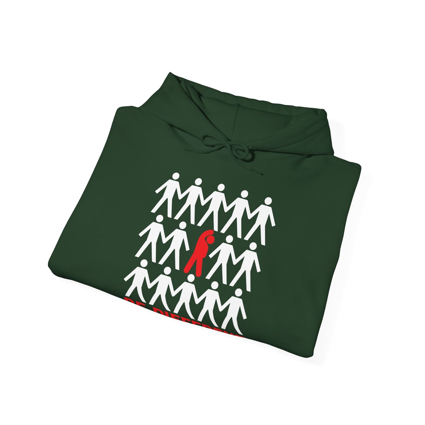 A folded green unisex hooded sweatshirt with 'BE DIFFERENT' text and a red ribbon design on the front.
