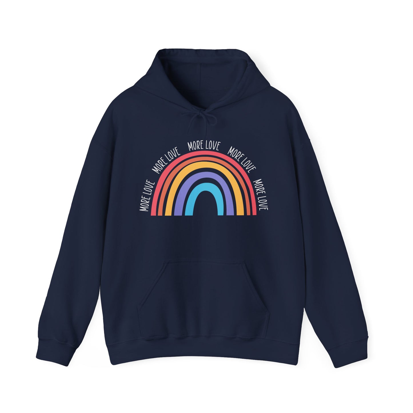 A navy blue unisex hooded sweatshirt with a 'More Love' design featuring a colorful rainbow graphic on the front.