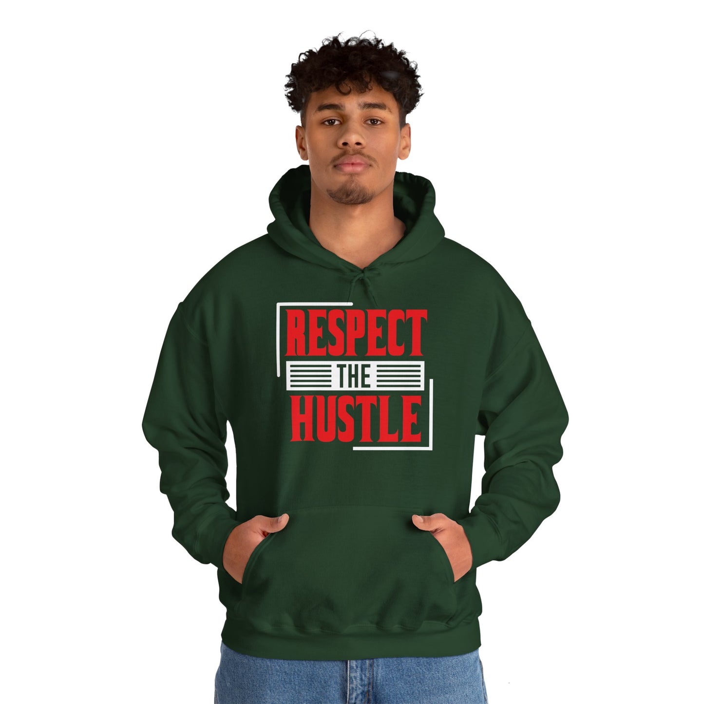 A person wearing a green unisex hooded sweatshirt with 'Respect The Hustle' text on the front.