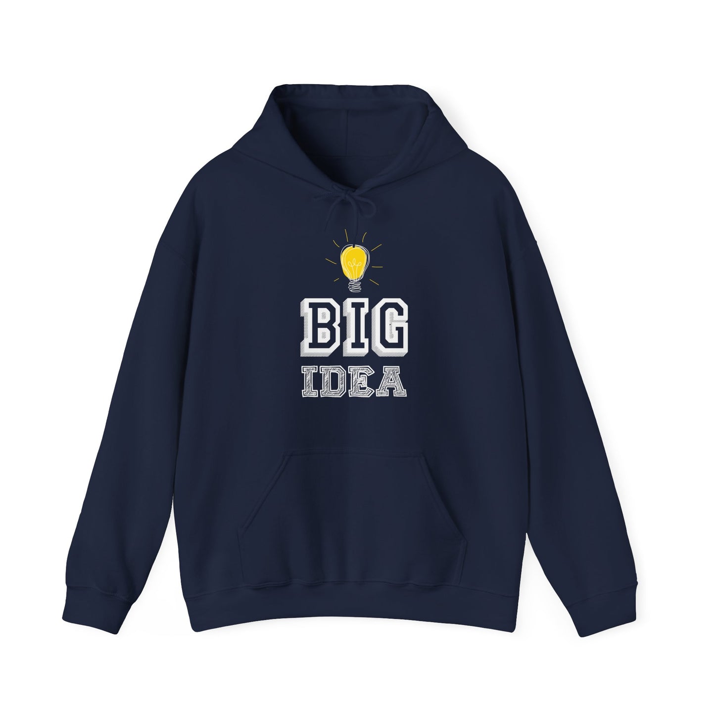 A navy blue unisex hooded sweatshirt with 'BIG IDEA' text and a light bulb graphic on the front.
