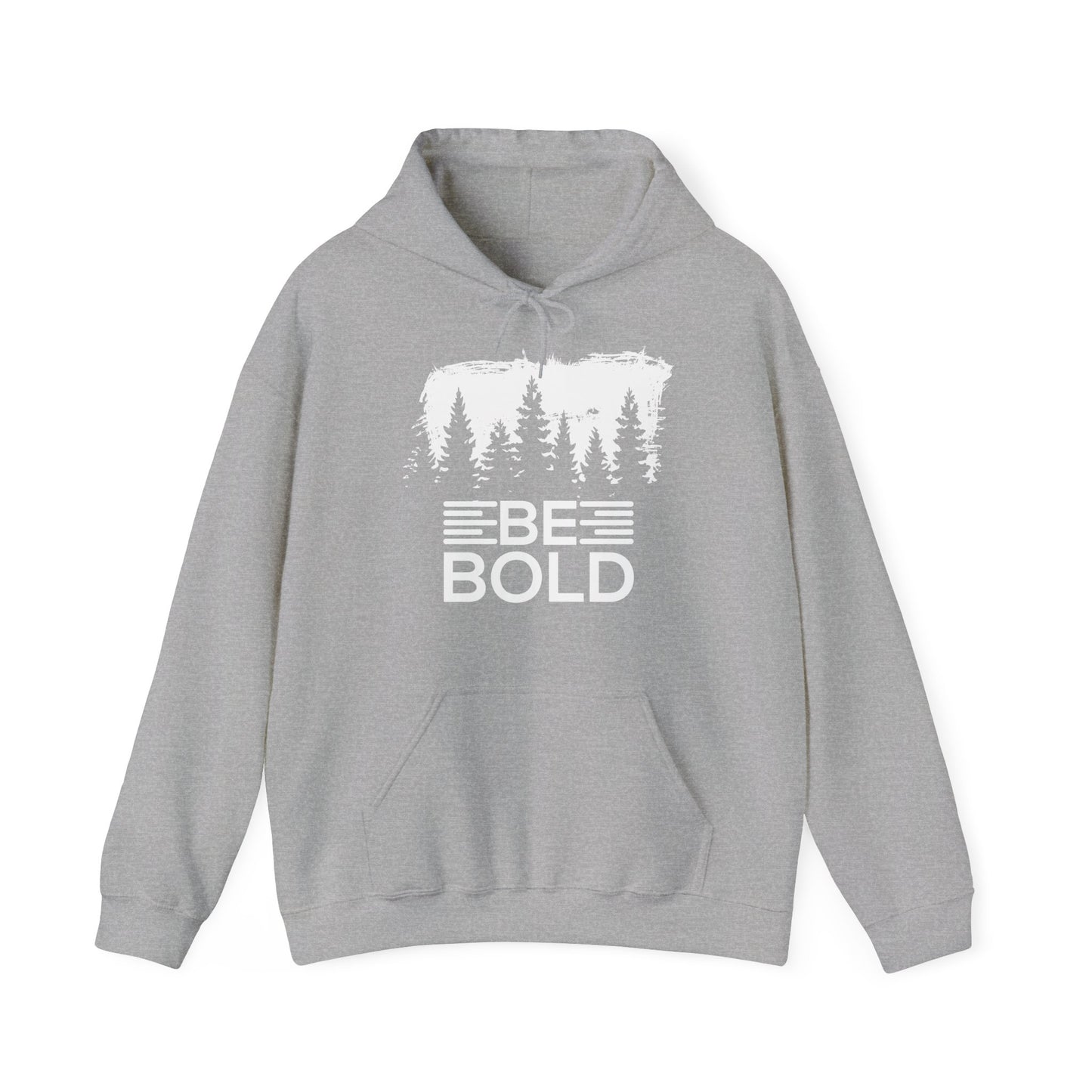 A grey unisex hooded sweatshirt with 'BE BOLD' text design and a forest and tree graphic on the front.