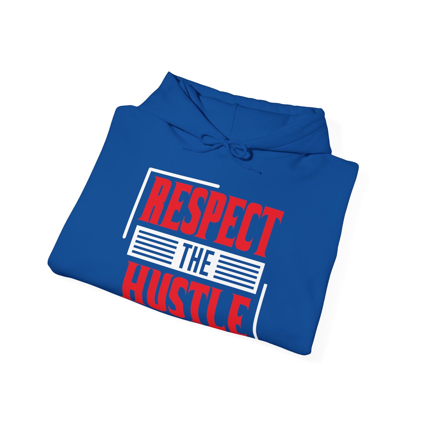 A folded blue unisex hooded sweatshirt with the text 'RESPECT THE HUSTLE' printed in red and white on the front.