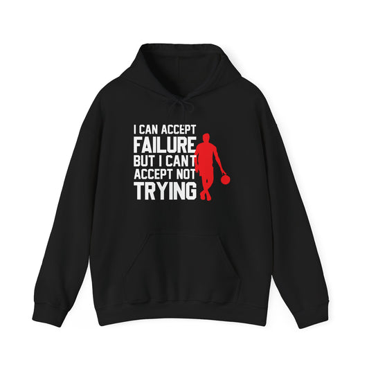 A black unisex hooded sweatshirt with text design on the front.