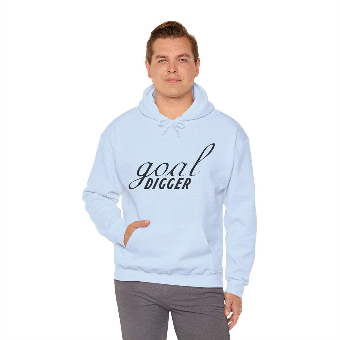 Person wearing blue Goal Digger motivational hoodie - comfortable unisex sweatshirt for daily inspiration and success mindset