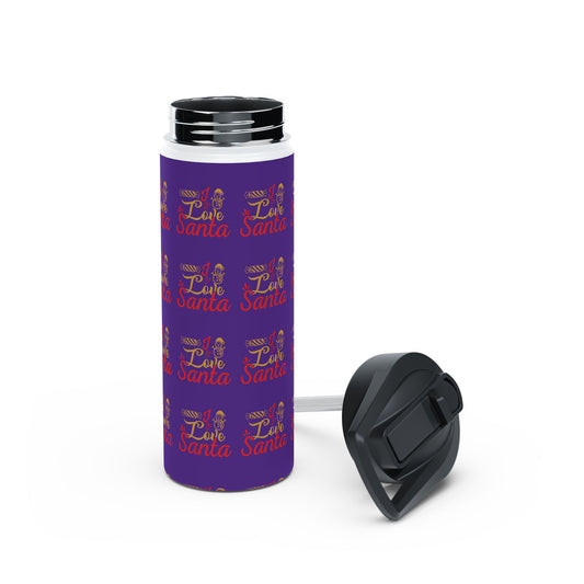 Stainless Steel Water Bottle, Standard Lid - Love Santa Pattern Design with Purple Background