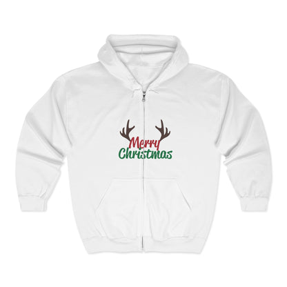 Christmas Unisex Full Zip Hooded Sweatshirt - Merry Christmas Reindeer Antlers Design