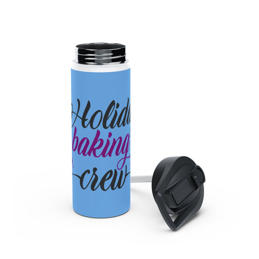 Stainless Steel Water Bottle, Standard Lid - Holiday Baking Crew Design with Light Blue Background