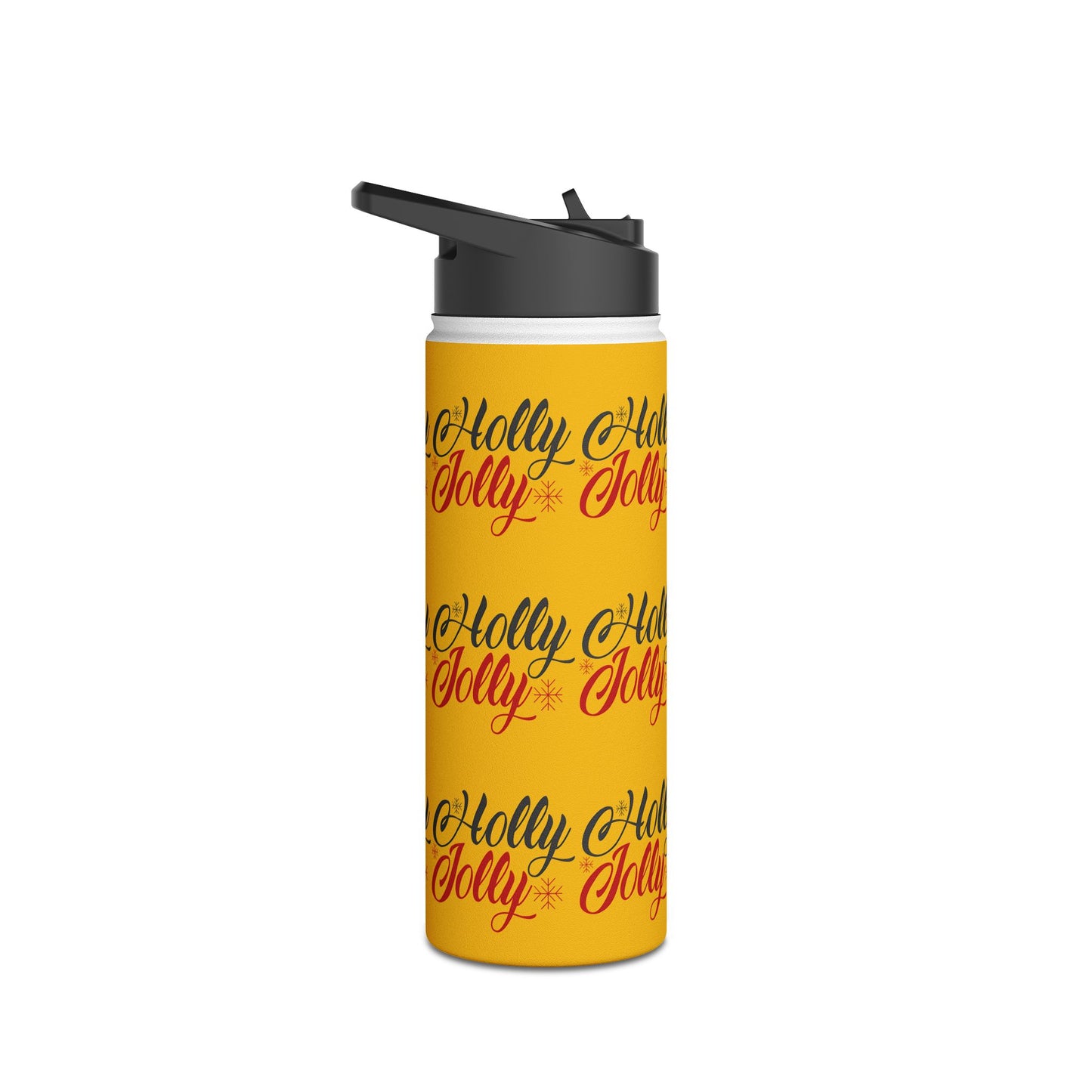 Stainless Steel Water Bottle, Standard Lid - Holly Jolly Pattern Design with Yellow Background