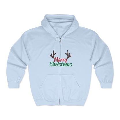 Christmas Unisex Full Zip Hooded Sweatshirt - Merry Christmas Reindeer Antlers Design