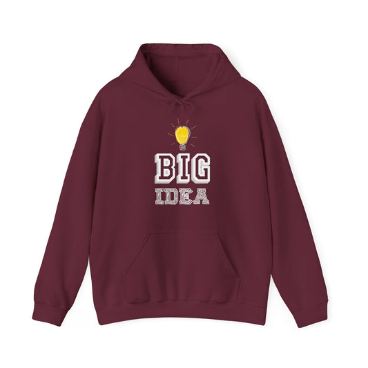 A maroon unisex hooded sweatshirt with 'BIG IDEA' printed on the front in a stylized font, accompanied by a graphic of a light bulb with a power cord.