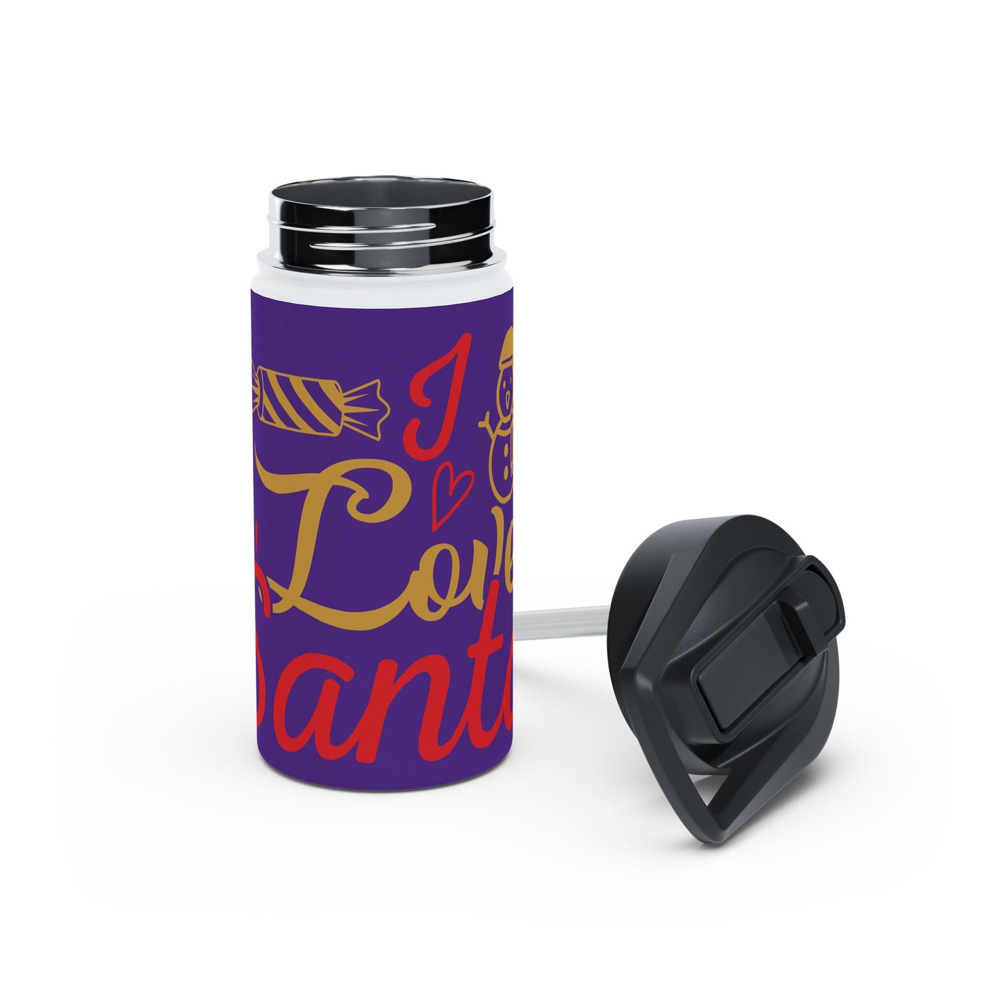 Stainless Steel Water Bottle, Standard Lid - Love Santa Design with Purple Background