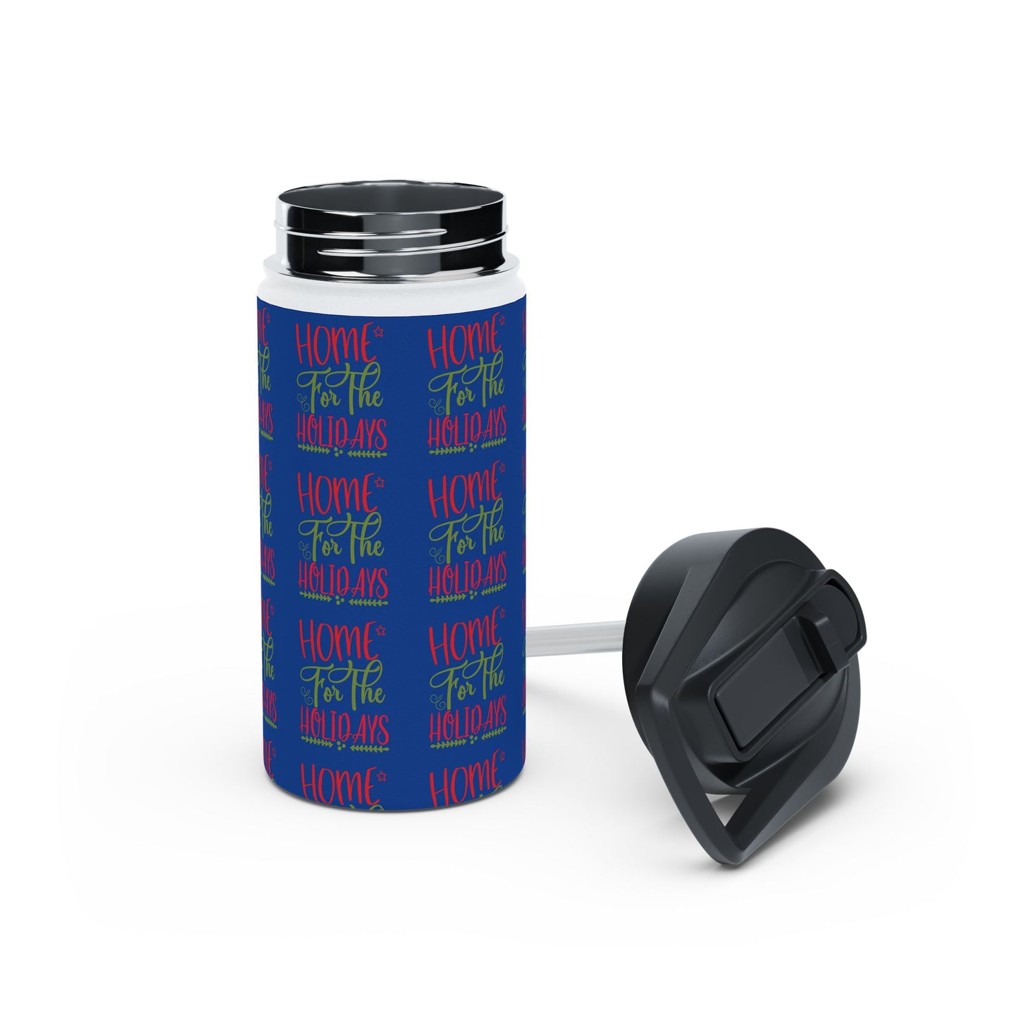 Stainless Steel Water Bottle, Standard Lid - Home For The Holidays Pattern Design with Dark Blue Background