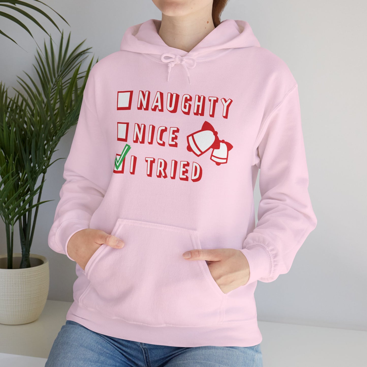 Christmas Unisex Hooded Sweatshirt - Naughty Nice I Tried Design