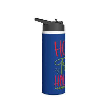 Stainless Steel Water Bottle, Standard Lid - Home For The Holidays Design with Dark Blue Background