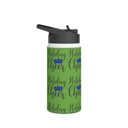 Stainless Steel Water Bottle, Standard Lid - Festive Holiday Cheer Pattern Design with Green Background