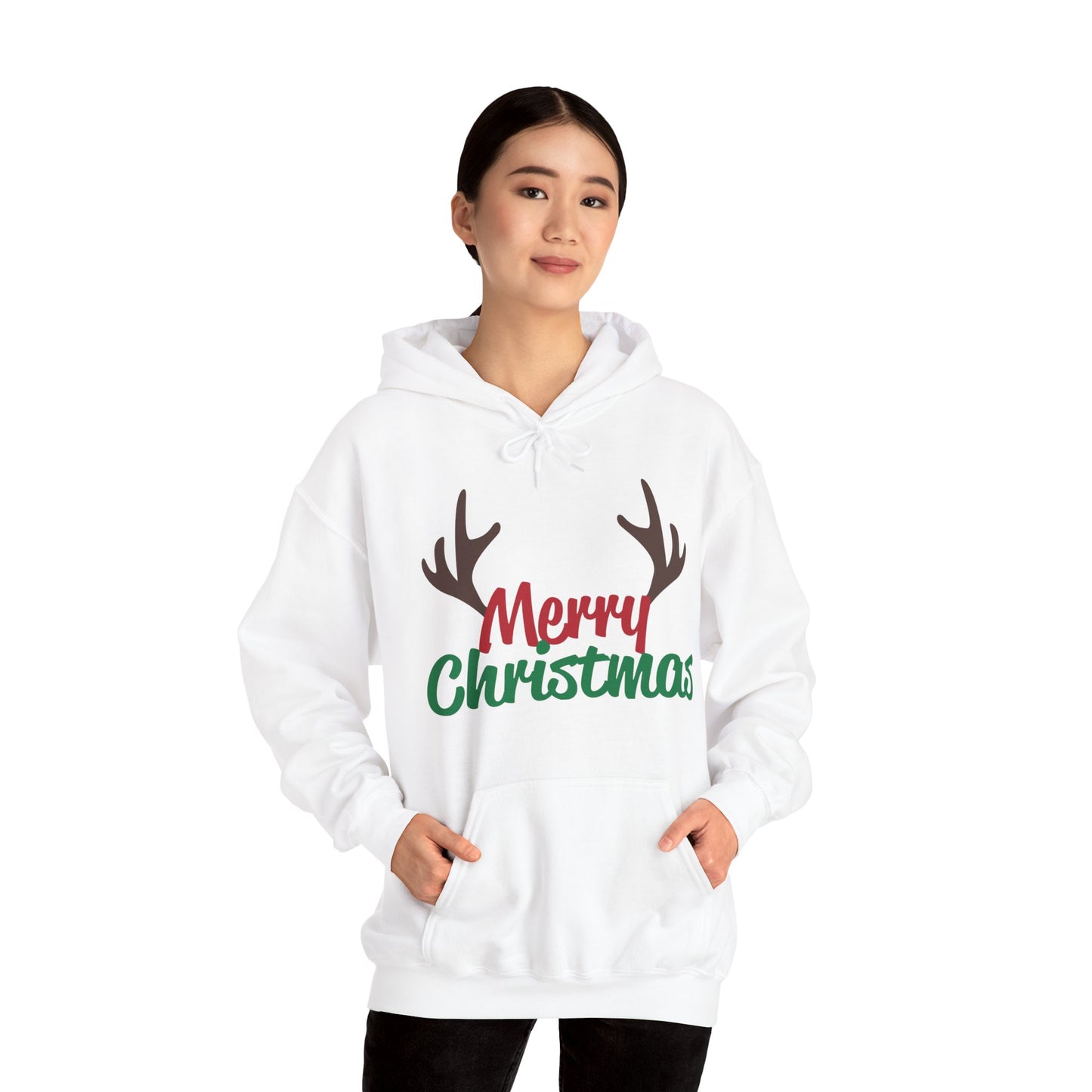 Christmas Unisex Hooded Sweatshirt - Merry Christmas Reindeer Antlers Design