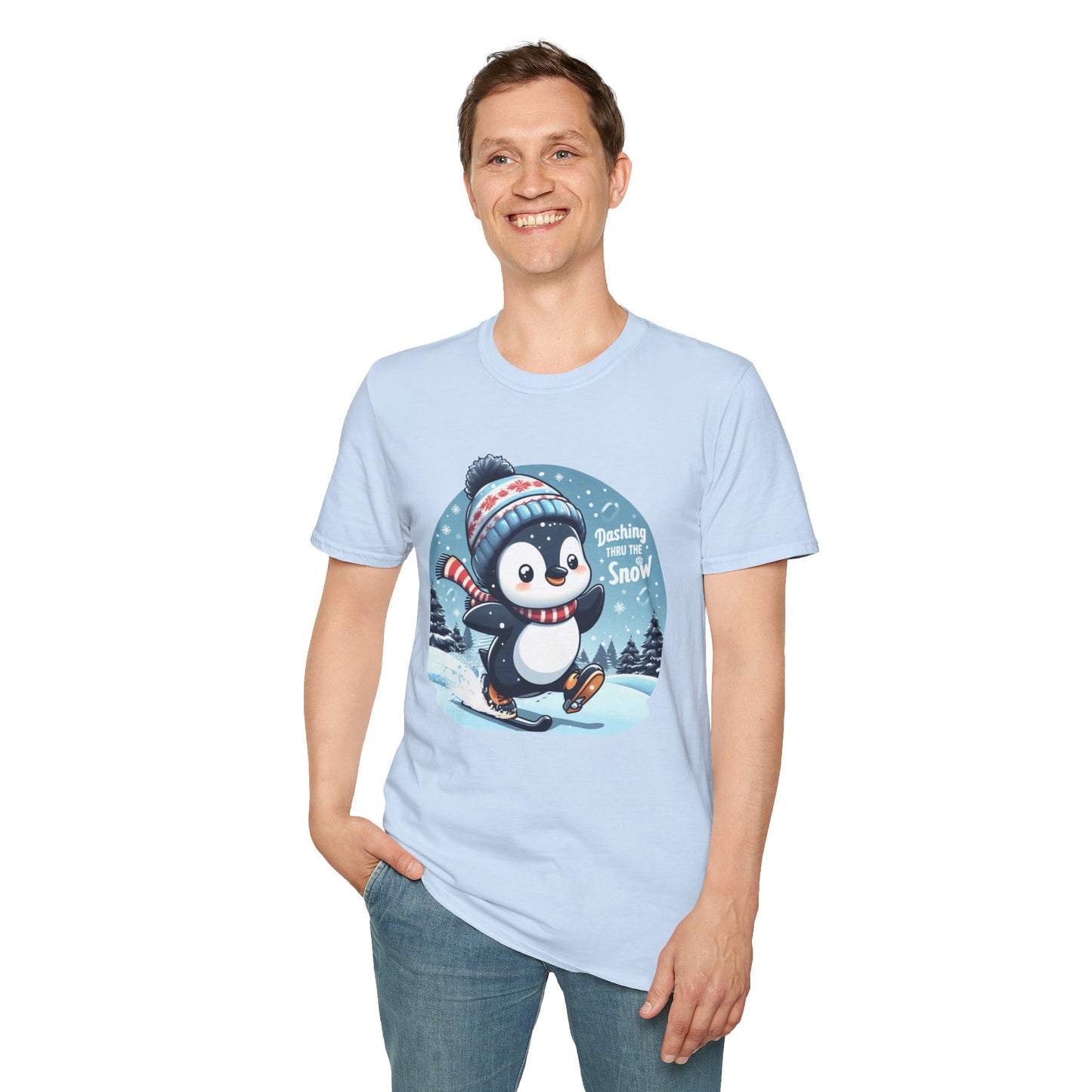 Christmas Unisex T-Shirt - Penguin Dashing Thru The Snow Design