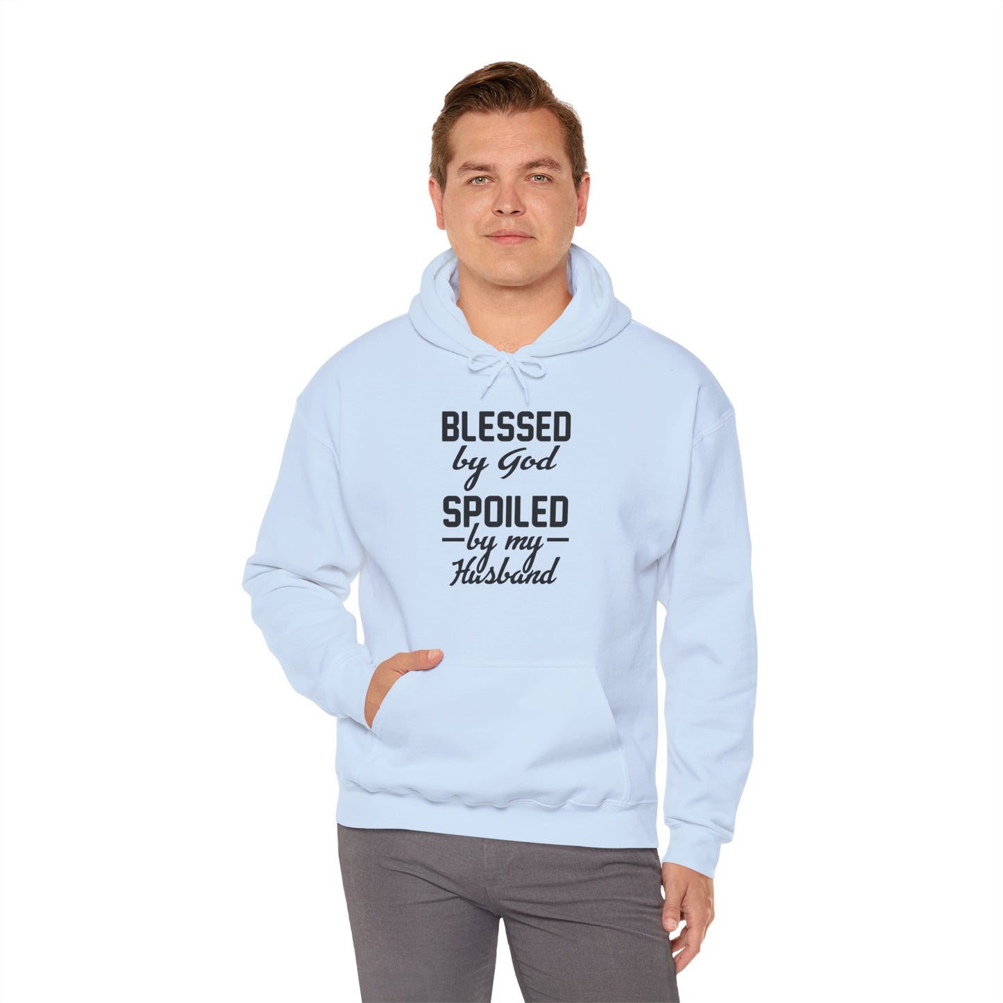 Christian Unisex Hooded Sweatshirt - Blessed By God Spoiled By My Husband Design