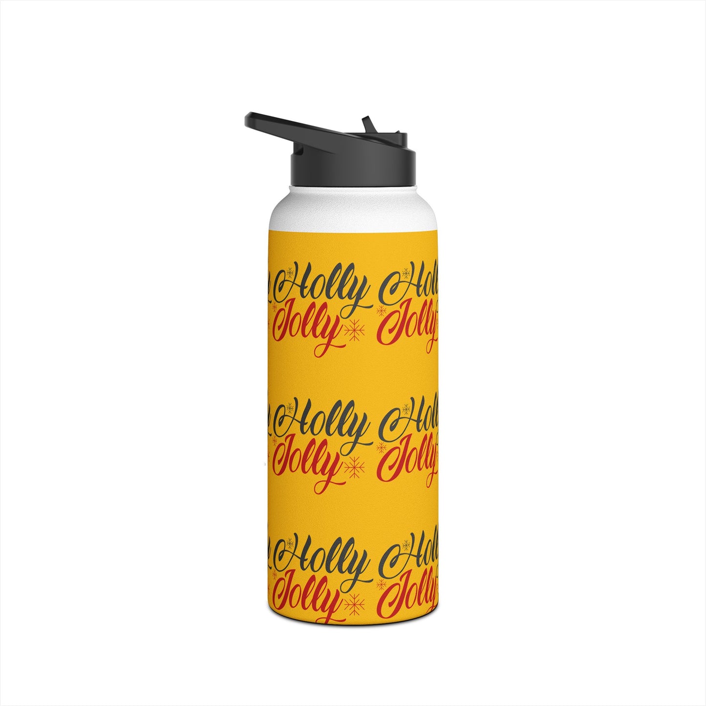 Stainless Steel Water Bottle, Standard Lid - Holly Jolly Pattern Design with Yellow Background