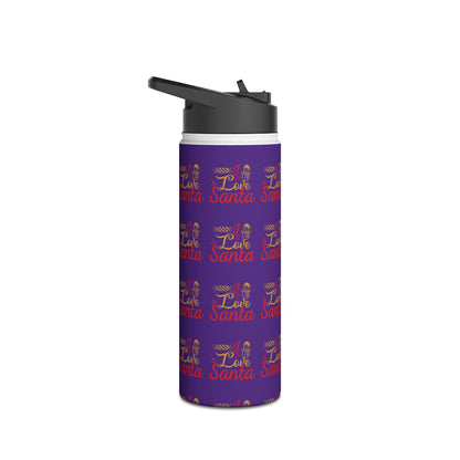 Stainless Steel Water Bottle, Standard Lid - Love Santa Pattern Design with Purple Background