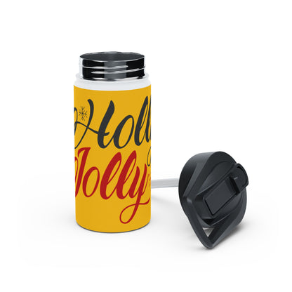 Stainless Steel Water Bottle, Standard Lid - Holly Jolly Design with Yellow Background