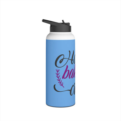 Stainless Steel Water Bottle, Standard Lid - Holiday Baking Crew Design with Light Blue Background