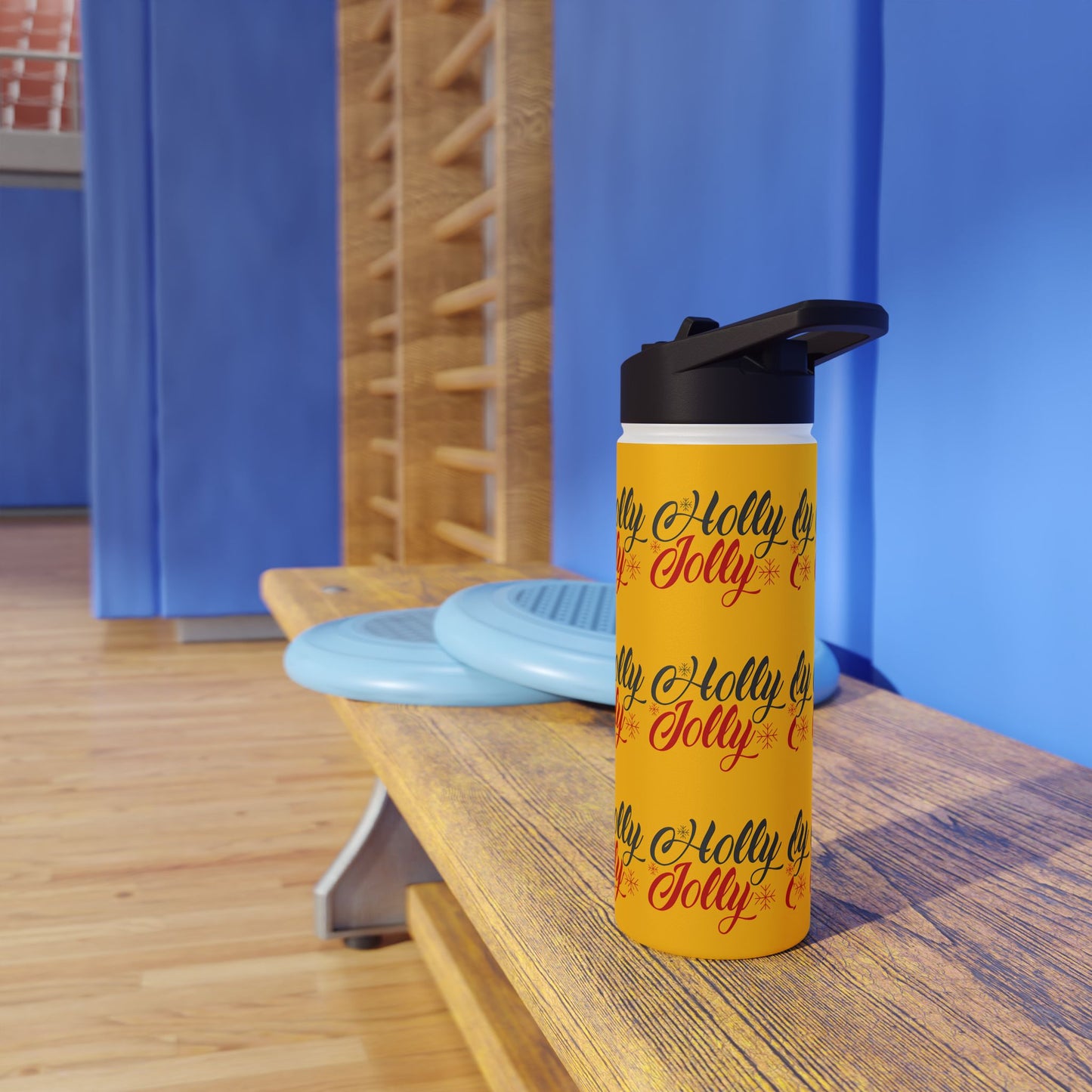 Stainless Steel Water Bottle, Standard Lid - Holly Jolly Pattern Design with Yellow Background