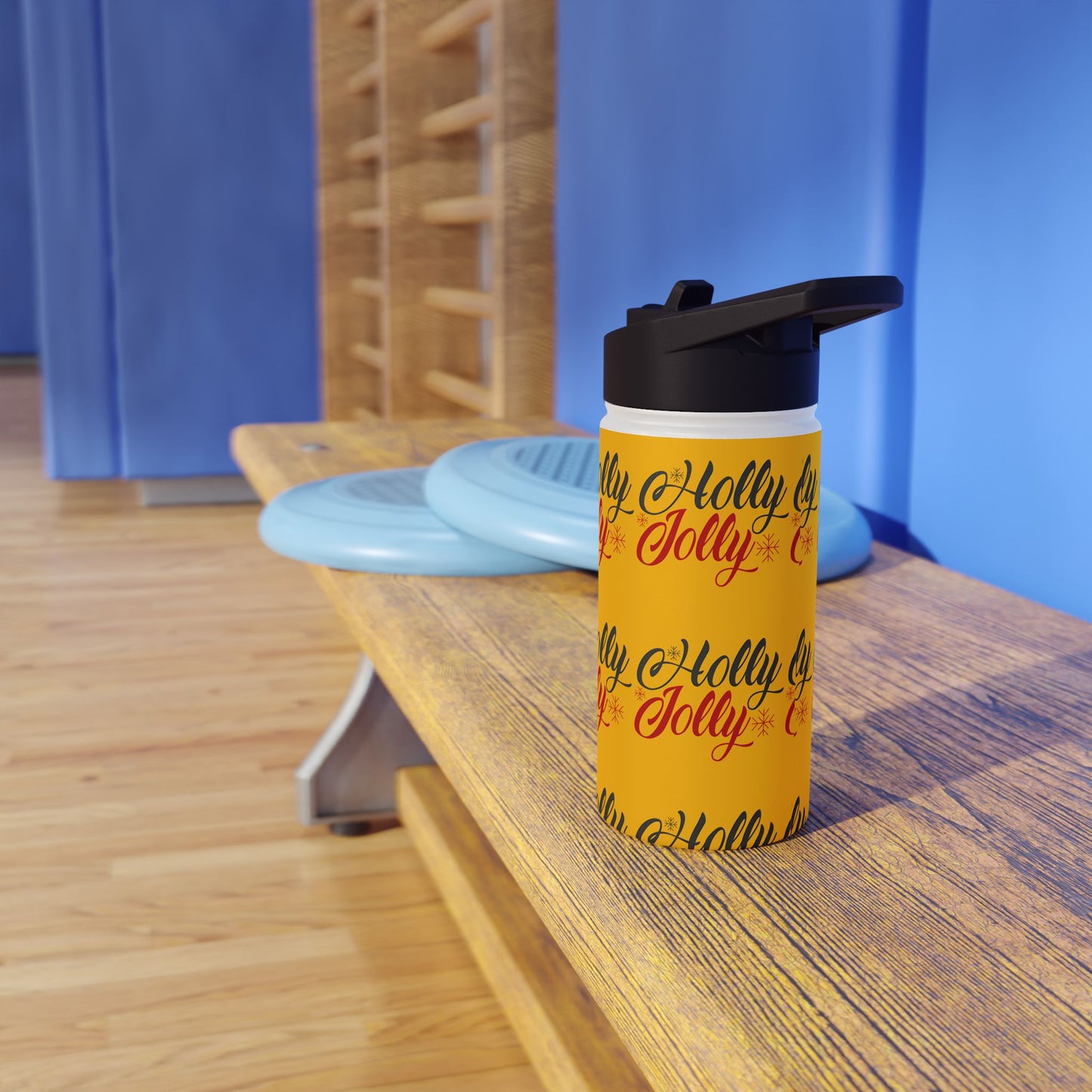 Stainless Steel Water Bottle, Standard Lid - Holly Jolly Pattern Design with Yellow Background