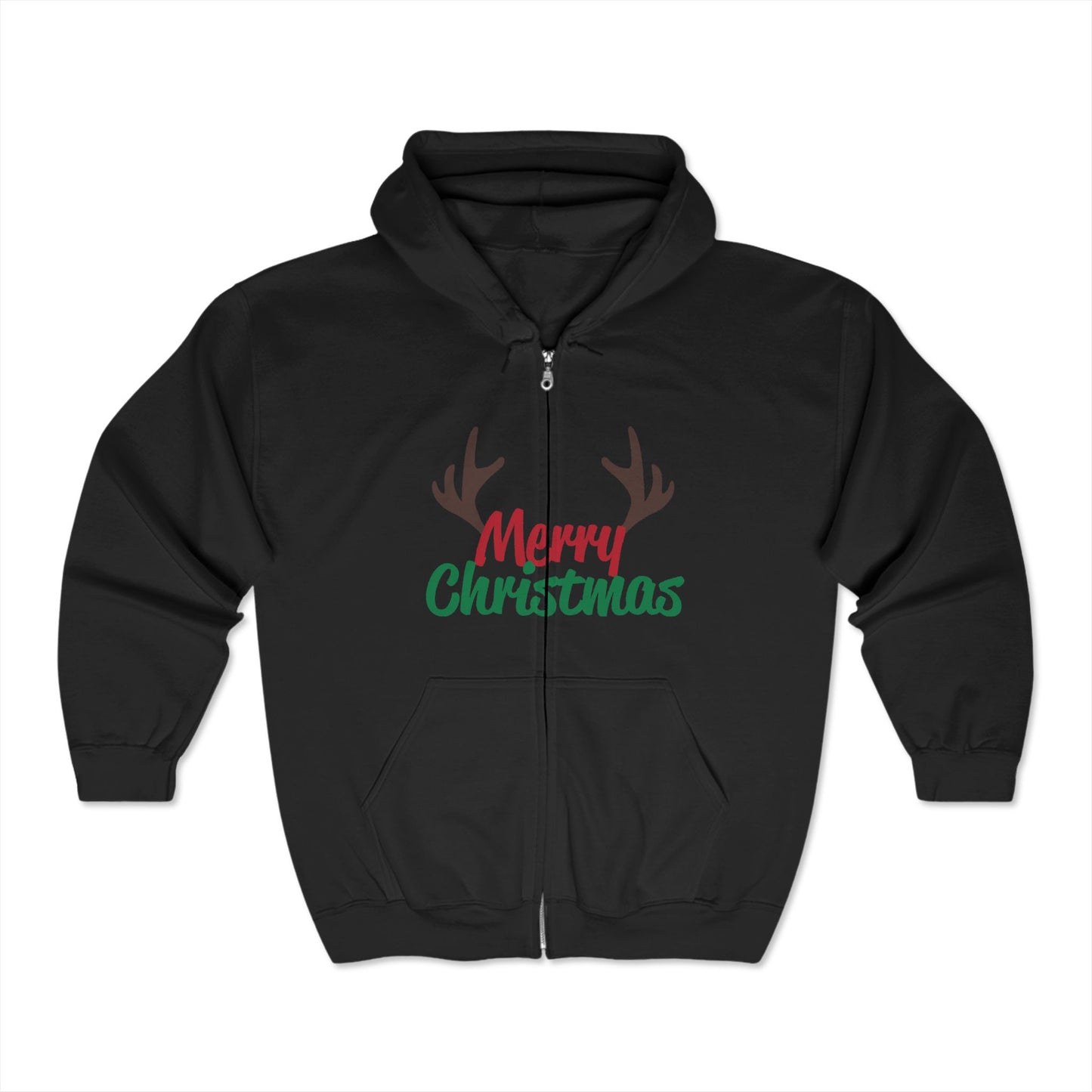 Christmas Unisex Full Zip Hooded Sweatshirt - Merry Christmas Reindeer Antlers Design