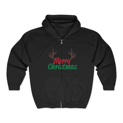 Christmas Unisex Full Zip Hooded Sweatshirt - Merry Christmas Reindeer Antlers Design