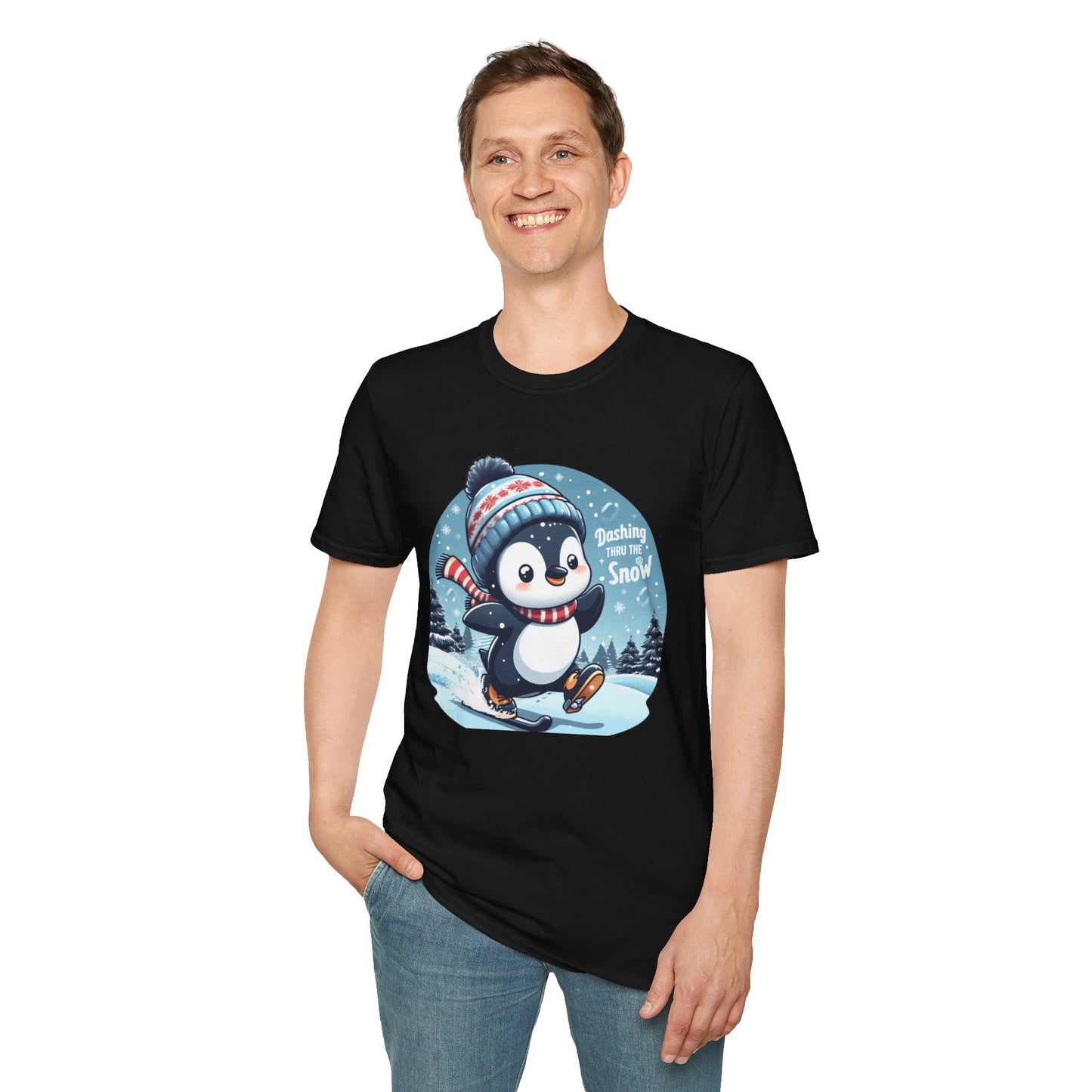 Christmas Unisex T-Shirt - Penguin Dashing Thru The Snow Design