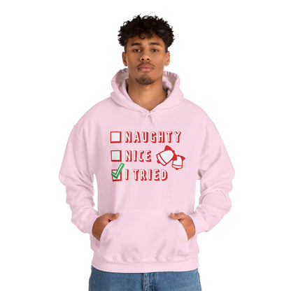 Christmas Unisex Hooded Sweatshirt - Naughty Nice I Tried Design