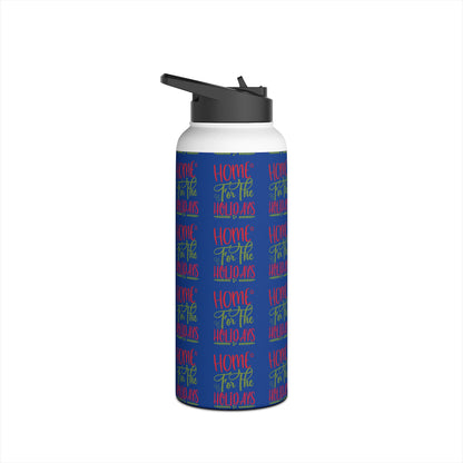 Stainless Steel Water Bottle, Standard Lid - Home For The Holidays Pattern Design with Dark Blue Background