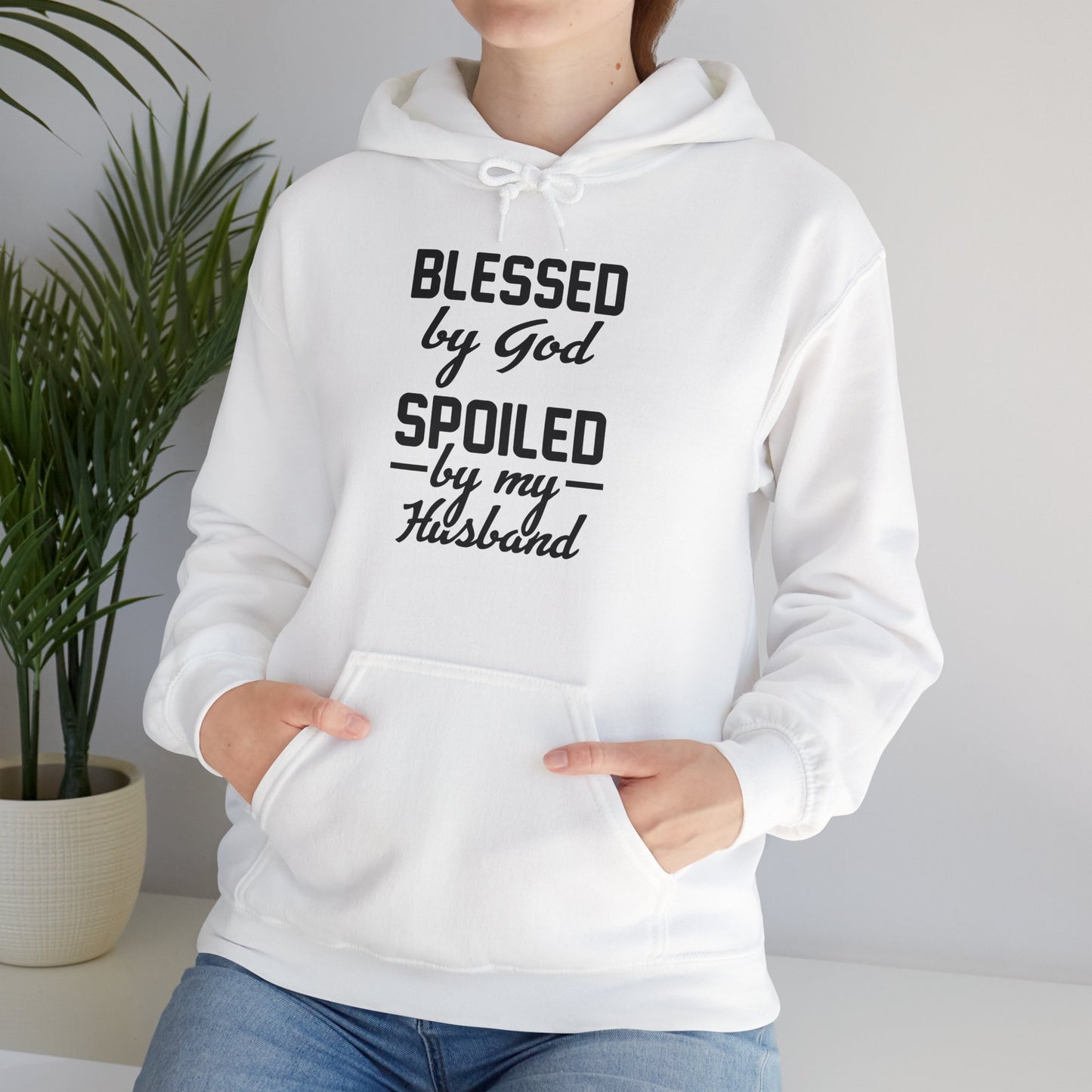 Christian Unisex Hooded Sweatshirt - Blessed By God Spoiled By My Husband Design