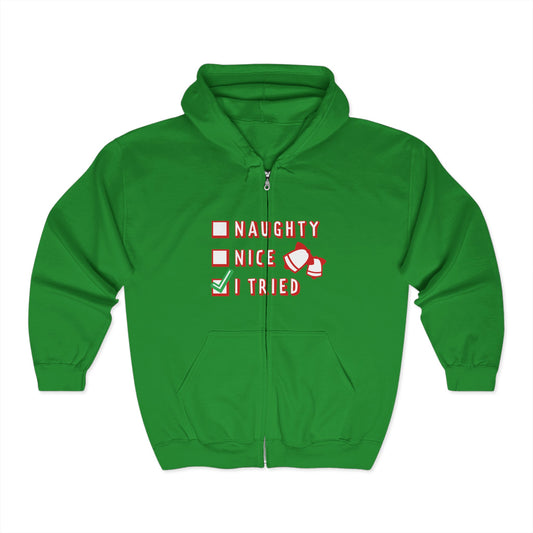 Christmas Unisex Full Zip Hooded Sweatshirt - Naughty Nice I Tried Design