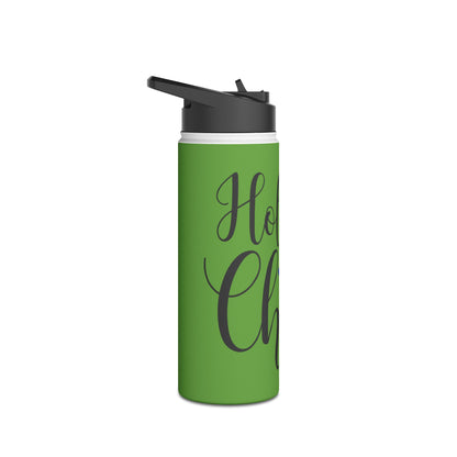 Stainless Steel Water Bottle, Standard Lid - Festive Holiday Cheer Design with Green Background