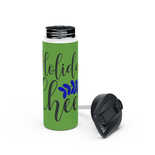 Stainless Steel Water Bottle, Standard Lid - Festive Holiday Cheer Design with Green Background