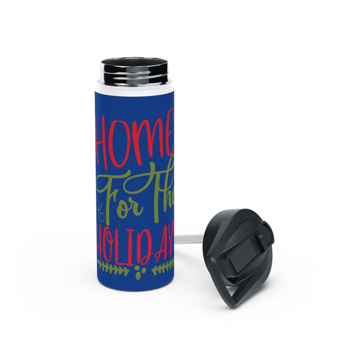 Stainless Steel Water Bottle, Standard Lid - Home For The Holidays Design with Dark Blue Background