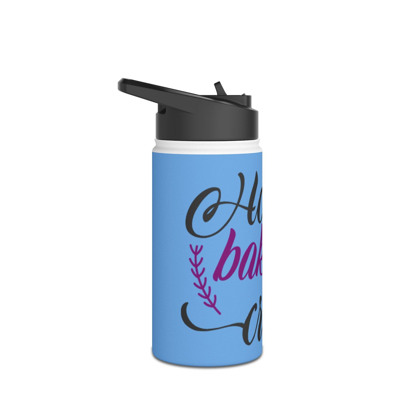 Stainless Steel Water Bottle, Standard Lid - Holiday Baking Crew Design with Light Blue Background