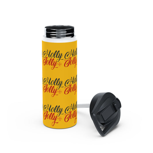 Stainless Steel Water Bottle, Standard Lid - Holly Jolly Pattern Design with Yellow Background