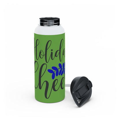 Stainless Steel Water Bottle, Standard Lid - Festive Holiday Cheer Design with Green Background