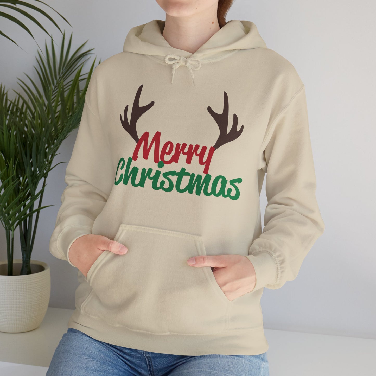 Christmas Unisex Hooded Sweatshirt - Merry Christmas Reindeer Antlers Design